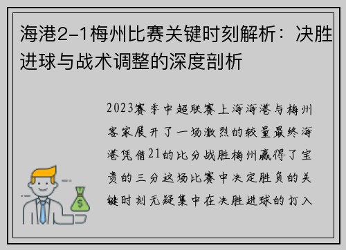 海港2-1梅州比赛关键时刻解析：决胜进球与战术调整的深度剖析