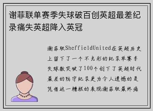 谢菲联单赛季失球破百创英超最差纪录痛失英超降入英冠